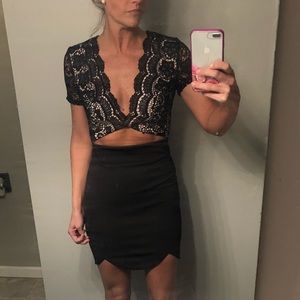 Sexy black cream lace deep v cutout scallop dress